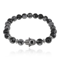 BSHE-S-14 Браслет - амулет Хамса с нат.камнем Снежный обсидиан 8мм