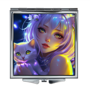 ZER2-0893 Складное зеркало квадратное Девушка и кошка